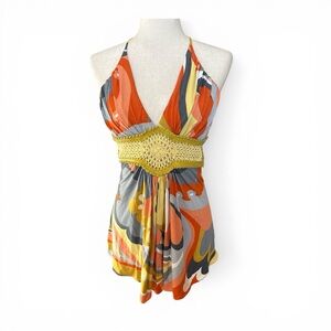 Sky Multicolor Halter Dress in Orange, Yellow, Gray